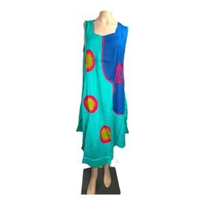 JUNGLEE BILLEE Boho Sleeveless Dress Free Size Teal & Blue Abstract Circle # 6